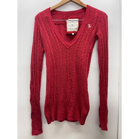 Abercrombie & Fitch Sweaters - Abercrombie & Fitch Red Cable Knit V-Neck Sweater Women M Moose Logo Y2K Vintage